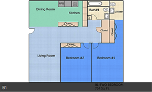 B1 - Two Bedroom / One Bath - 764 Sq. Ft.*